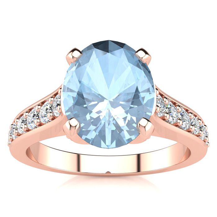 2 Carat Oval Shape Aquamarine & 12 Diamond Ring in 14K Rose Gold (4.20 g), , Size 4 by SuperJeweler