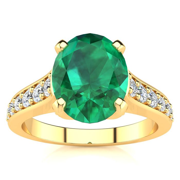 2 1/4 Carat Oval Shape Emerald Cut & 12 Diamond Ring in 14K Yellow Gold (4.20 g), , Size 4 by SuperJeweler