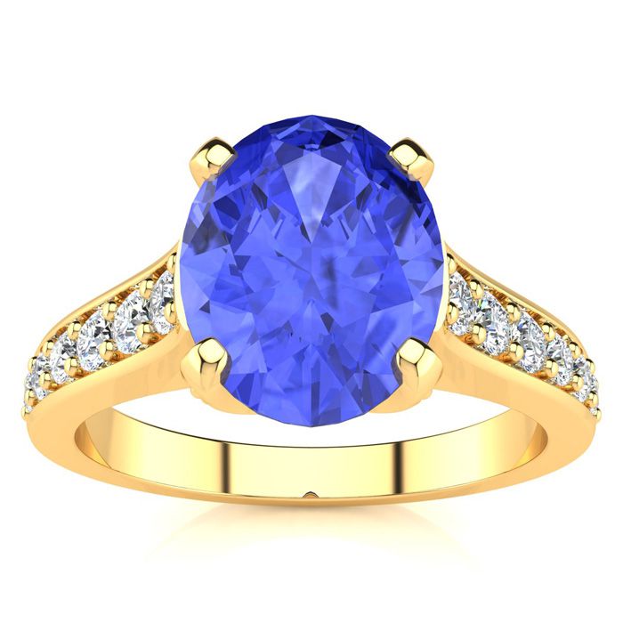 2 1/4 Carat Oval Shape Tanzanite & 12 Diamond Ring in 14K Yellow Gold (4.20 g), , Size 4 by SuperJeweler