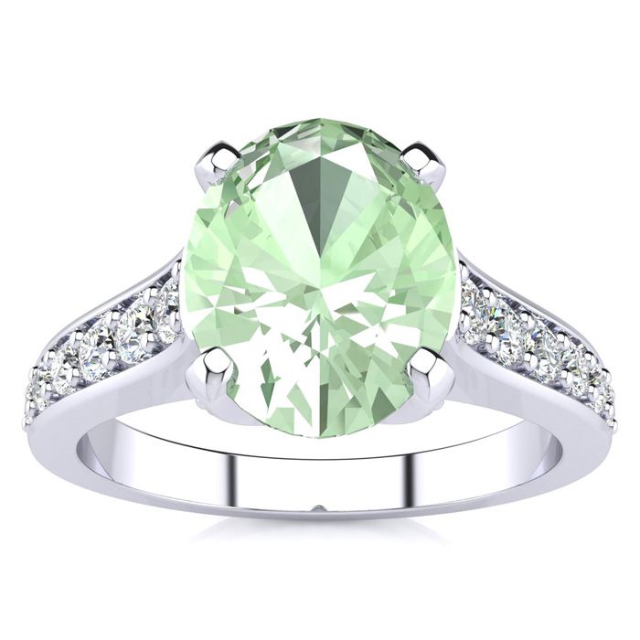 2 Carat Oval Shape Green Amethyst & 12 Diamond Ring in 14K White Gold (4.20 g), , Size 4 by SuperJeweler