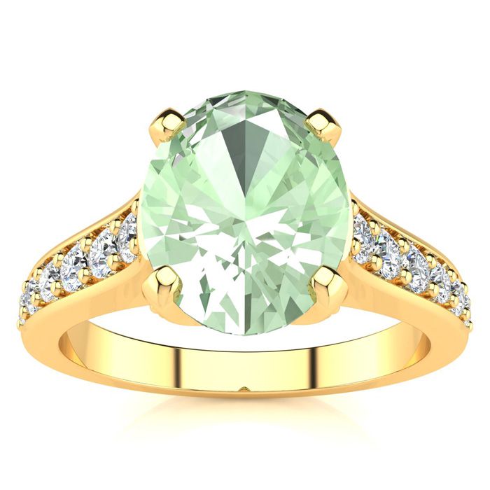 2 Carat Oval Shape Green Amethyst & 12 Diamond Ring in 14K Yellow Gold (4.20 g), , Size 4 by SuperJeweler