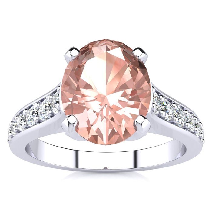 2 Carat Oval Shape Morganite & 12 Diamond Ring in 14K White Gold (4.20 g), , Size 4 by SuperJeweler