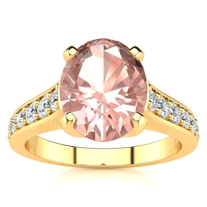 2 Carat Oval Shape Morganite & 12 Diamond Ring in 14K Yellow Gold (4.20 g), , Size 4 by SuperJeweler