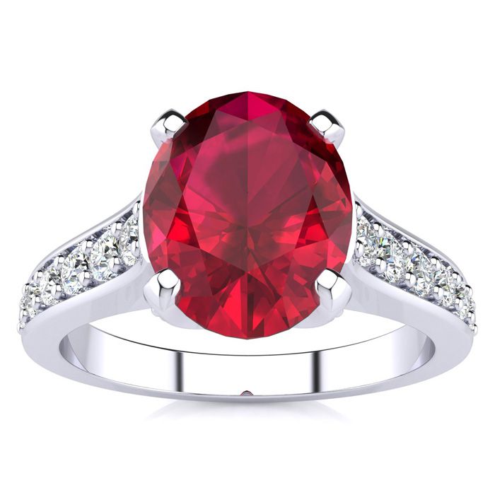 3 Carat Oval Shape Ruby & 12 Diamond Ring in 14K White Gold (4.20 g), , Size 4 by SuperJeweler