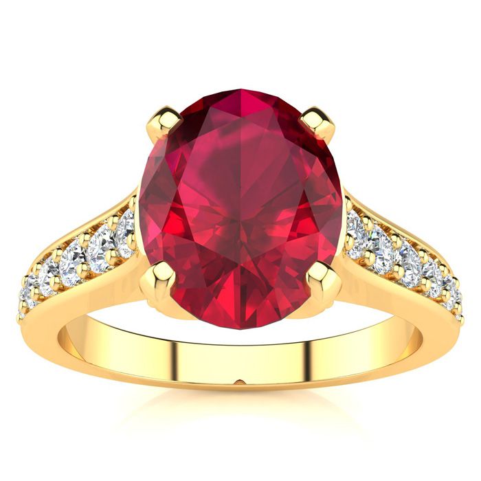 3 Carat Oval Shape Ruby & 12 Diamond Ring in 14K Yellow Gold (4.20 g), , Size 4 by SuperJeweler