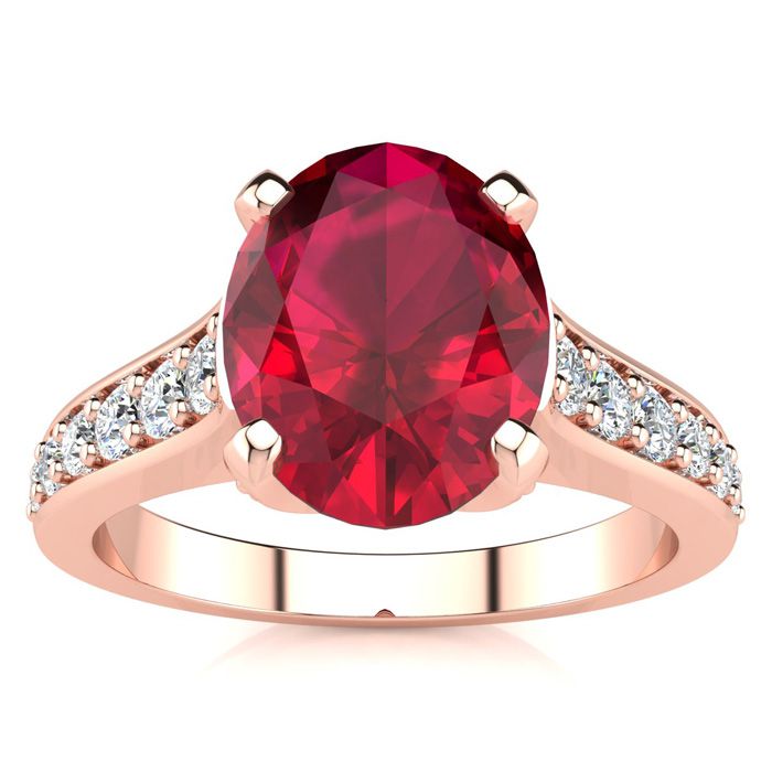 3 Carat Oval Shape Ruby & 12 Diamond Ring in 14K Rose Gold (4.20 g), , Size 4 by SuperJeweler