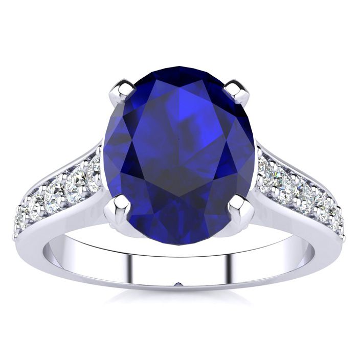 3 Carat Oval Shape Sapphire & 12 Diamond Ring in 14K White Gold (4.20 g), , Size 4 by SuperJeweler