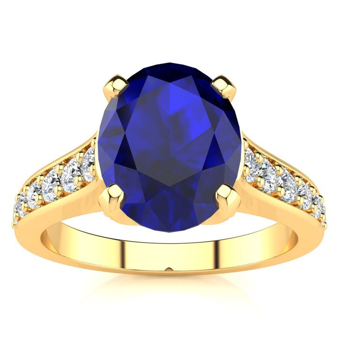 3 Carat Oval Shape Sapphire & 12 Diamond Ring in 14K Yellow Gold (4.20 g), , Size 4 by SuperJeweler