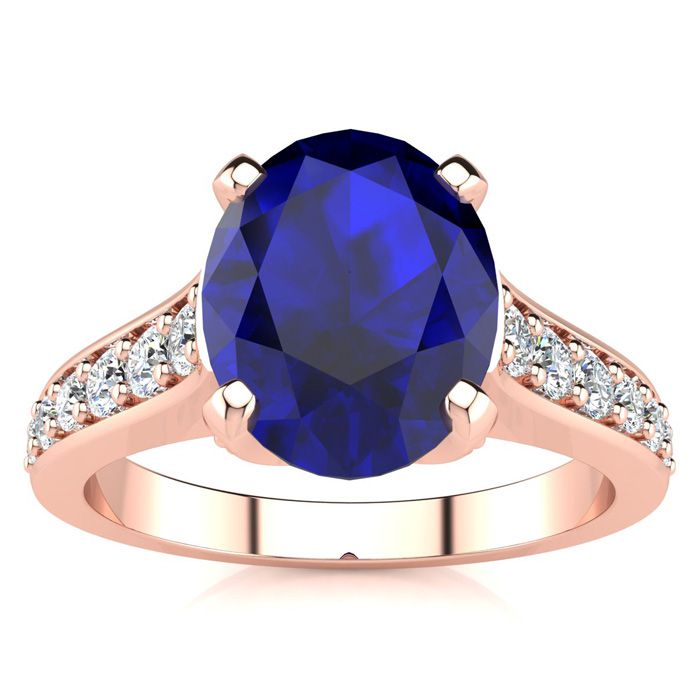 3 Carat Oval Shape Sapphire & 12 Diamond Ring in 14K Rose Gold (4.20 g), , Size 4 by SuperJeweler