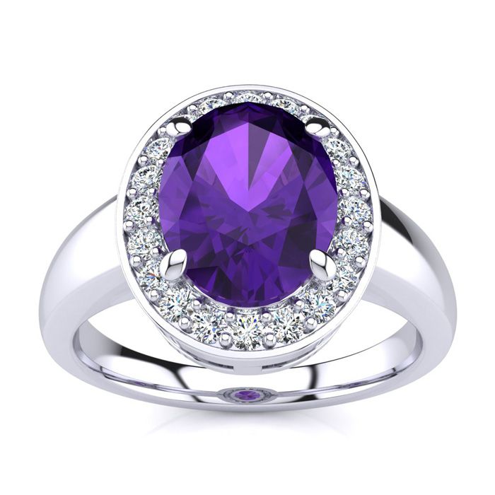 1 3/4 Carat Oval Shape Amethyst & Halo 20 Diamond Ring in 14K White Gold (4 g), , Size 4 by SuperJeweler