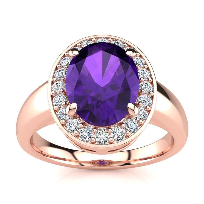 1 3/4 Carat Oval Shape Amethyst & Halo 20 Diamond Ring in 14K Rose Gold (4 g), , Size 4 by SuperJeweler