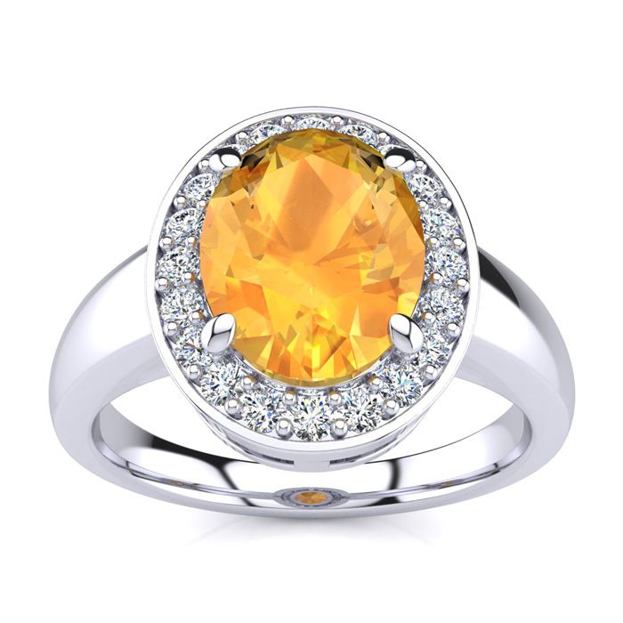 1 3/4 Carat Oval Shape Citrine & Halo 20 Diamond Ring in 14K White Gold (4 g), , Size 4 by SuperJeweler