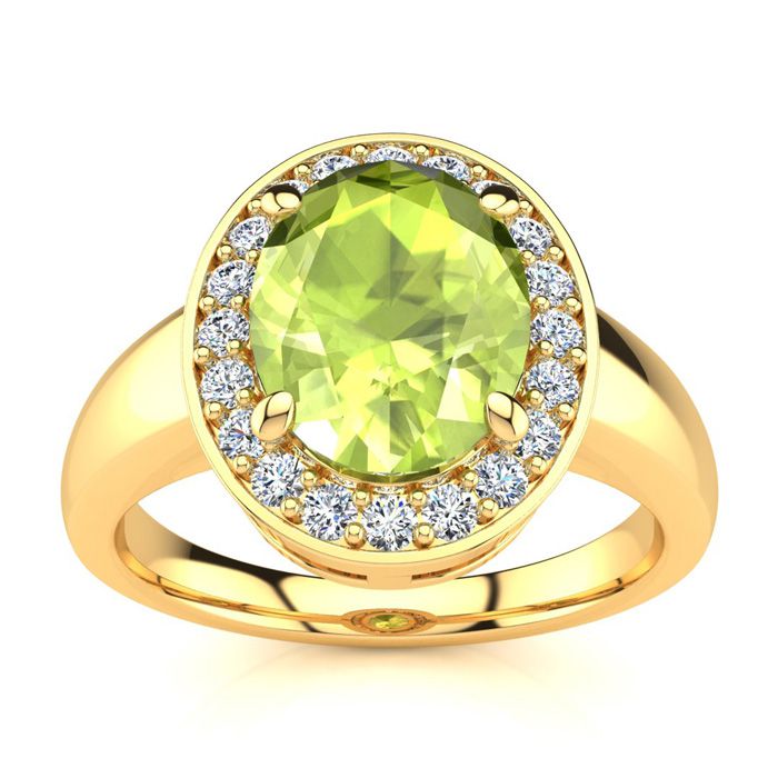 2 Carat Oval Shape Peridot & Halo 20 Diamond Ring in 14K Yellow Gold (4 g), , Size 4 by SuperJeweler