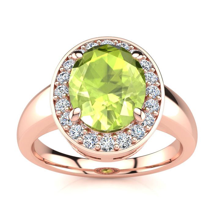 2 Carat Oval Shape Peridot & Halo 20 Diamond Ring in 14K Rose Gold (4 g), , Size 4 by SuperJeweler