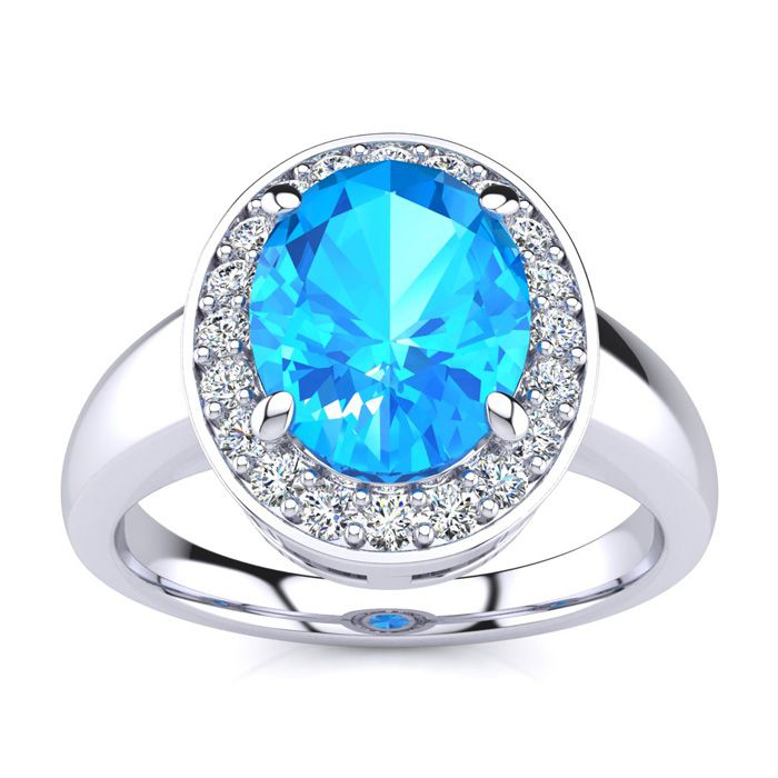 2 1/3 Carat Oval Shape Blue Topaz & Halo 20 Diamond Ring in 14K White Gold (4 g), , Size 4 by SuperJeweler