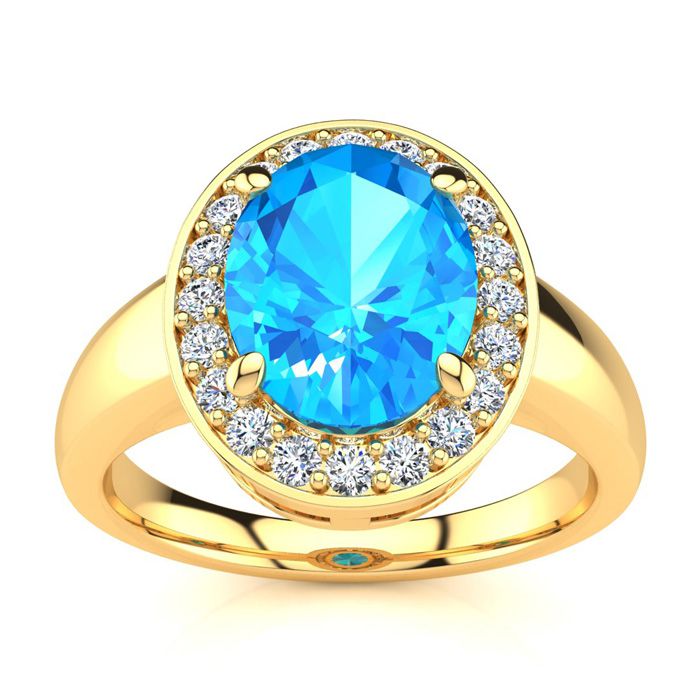 2 1/3 Carat Oval Shape Blue Topaz & Halo 20 Diamond Ring in 14K Yellow Gold (4 g), , Size 4 by SuperJeweler