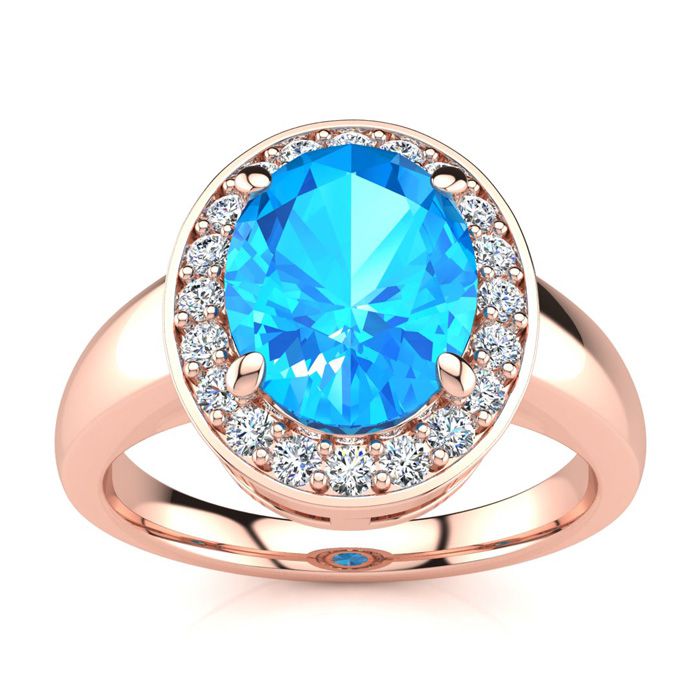 2 1/3 Carat Oval Shape Blue Topaz & Halo 20 Diamond Ring in 14K Rose Gold (4 g), , Size 4 by SuperJeweler