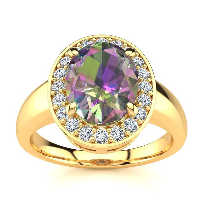 2 1/3 Carat Oval Shape Mystic Topaz & Halo 20 Diamond Ring in 14K Yellow Gold (4 g), , Size 4 by SuperJeweler