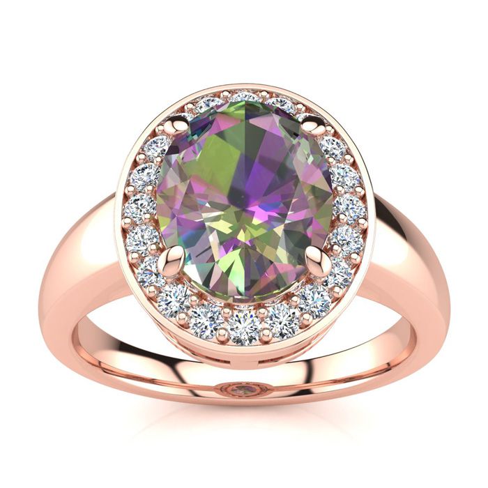 2 1/3 Carat Oval Shape Mystic Topaz & Halo 20 Diamond Ring in 14K Rose Gold (4 g), , Size 4 by SuperJeweler