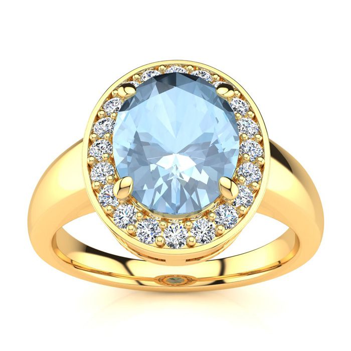 2 Carat Oval Shape Aquamarine & Halo 20 Diamond Ring in 14K Yellow Gold (4 g), , Size 4 by SuperJeweler