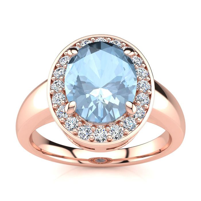 2 Carat Oval Shape Aquamarine & Halo 20 Diamond Ring in 14K Rose Gold (4 g), , Size 4 by SuperJeweler