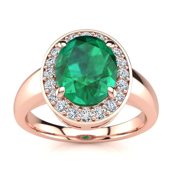 2 Carat Oval Shape Emerald Cut & Halo 20 Diamond Ring in 14K Rose Gold (4 g), , Size 4 by SuperJeweler