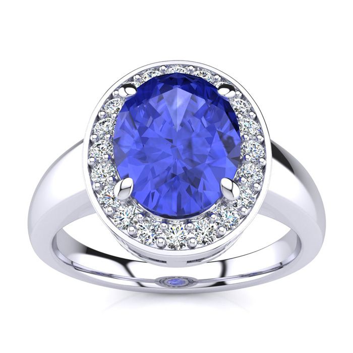 2 Carat Oval Shape Tanzanite & Halo 20 Diamond Ring in 14K White Gold (4 g), , Size 4 by SuperJeweler