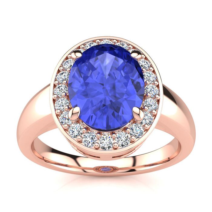 2 Carat Oval Shape Tanzanite & Halo 20 Diamond Ring in 14K Rose Gold (4 g), , Size 4 by SuperJeweler