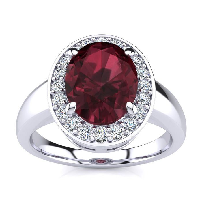 2 1/5 Carat Oval Shape Garnet & Halo 20 Diamond Ring in 14K White Gold (4 g), , Size 4 by SuperJeweler