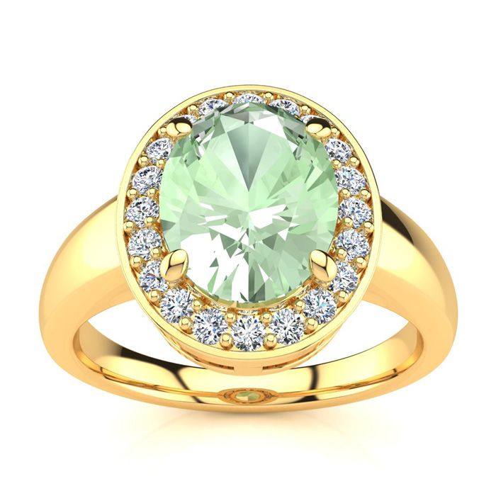 1 3/4 Carat Oval Shape Green Amethyst & Halo 20 Diamond Ring in 14K Yellow Gold (4 g), , Size 4 by SuperJeweler