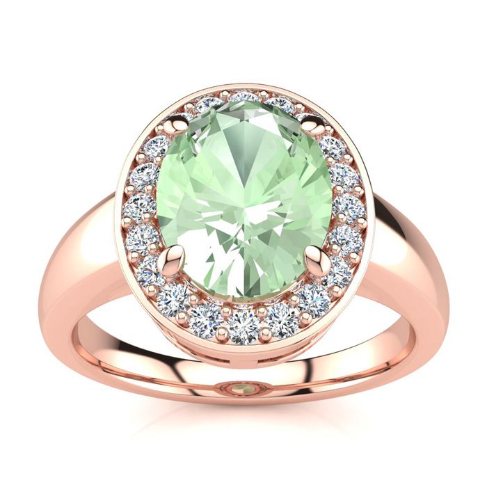 1 3/4 Carat Oval Shape Green Amethyst & Halo 20 Diamond Ring in 14K Rose Gold (4 g), , Size 4 by SuperJeweler