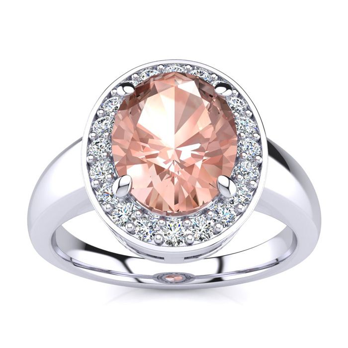 2 Carat Oval Shape Morganite & Halo 20 Diamond Ring in 14K White Gold (4 g), , Size 4 by SuperJeweler