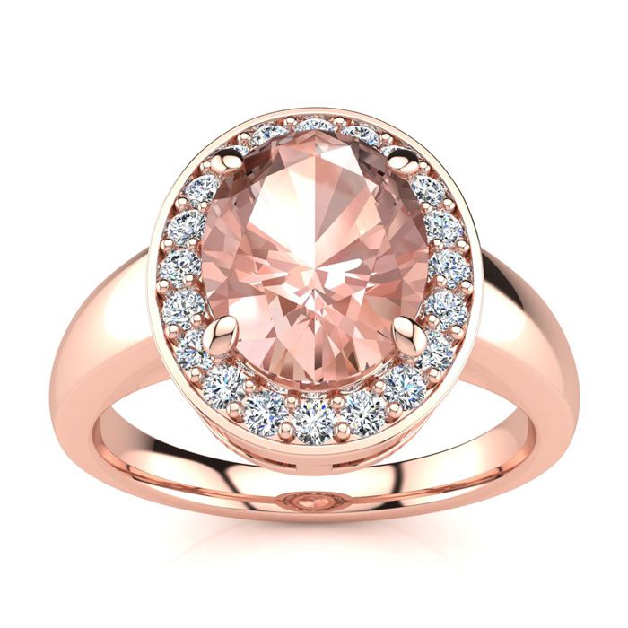 2 Carat Oval Shape Morganite & Halo 20 Diamond Ring in 14K Rose Gold (4 g), , Size 4 by SuperJeweler