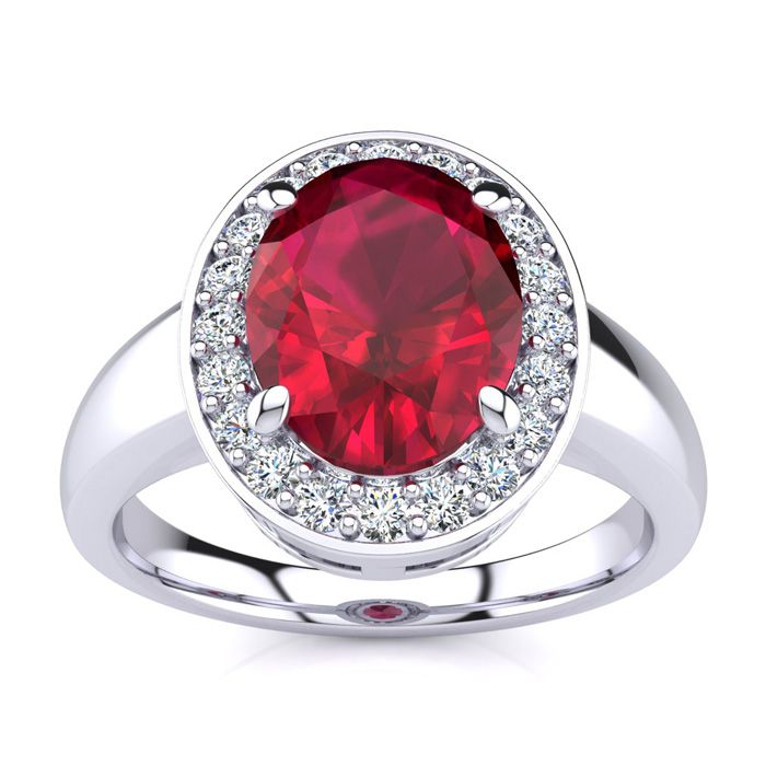 3 Carat Oval Shape Ruby & Halo 20 Diamond Ring in 14K White Gold (4 g), , Size 4 by SuperJeweler