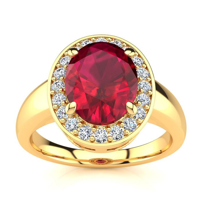 3 Carat Oval Shape Ruby & Halo 20 Diamond Ring in 14K Yellow Gold (4 g), , Size 4 by SuperJeweler