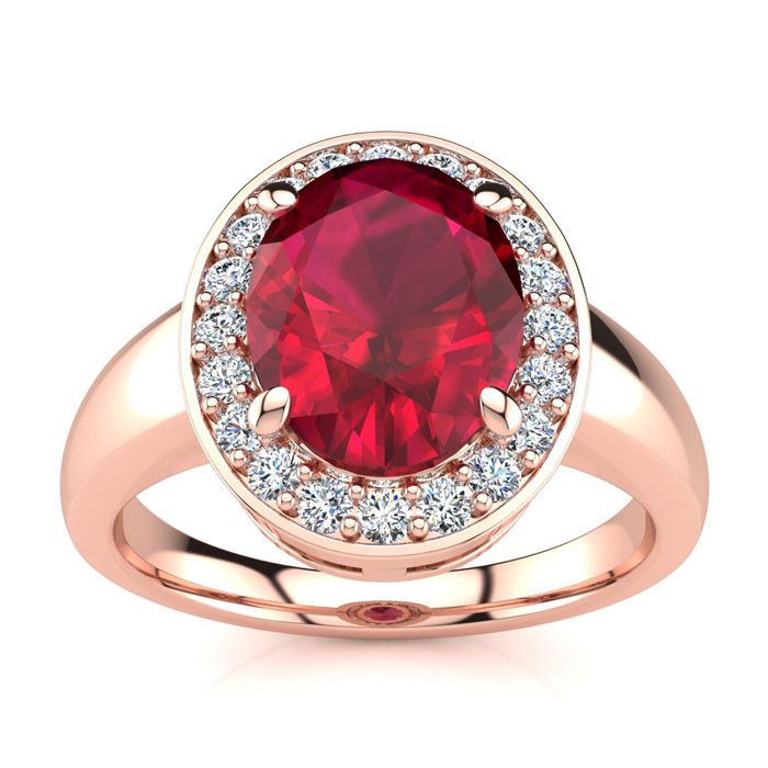 3 Carat Oval Shape Ruby & Halo 20 Diamond Ring in 14K Rose Gold (4 g), , Size 4 by SuperJeweler