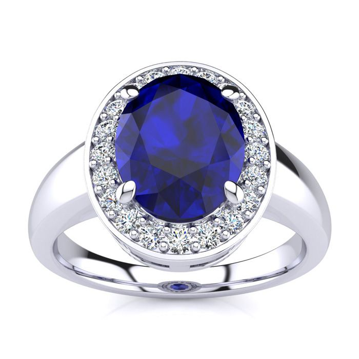 3 Carat Oval Shape Sapphire & Halo 20 Diamond Ring in 14K White Gold (4 g), , Size 4 by SuperJeweler