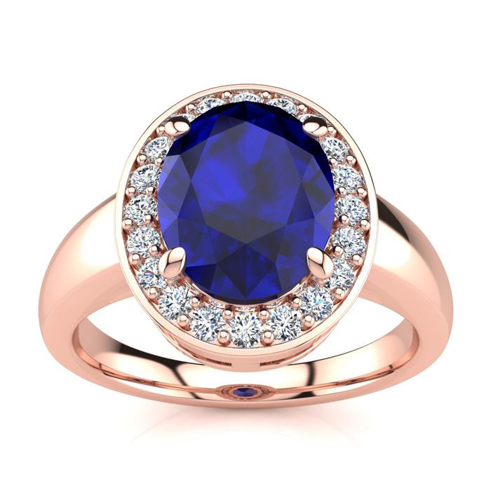 3 Carat Oval Shape Sapphire & Halo 20 Diamond Ring in 14K Rose Gold (4 g), , Size 4 by SuperJeweler