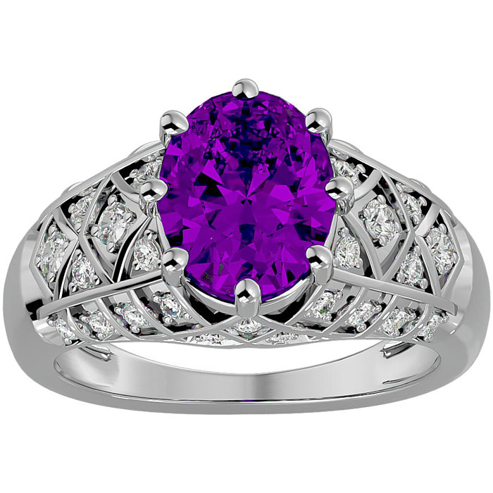 2 3/4 Carat Oval Shape Amethyst & 38 Diamond Ring in White Gold (4.50 g), , Size 4 by SuperJeweler