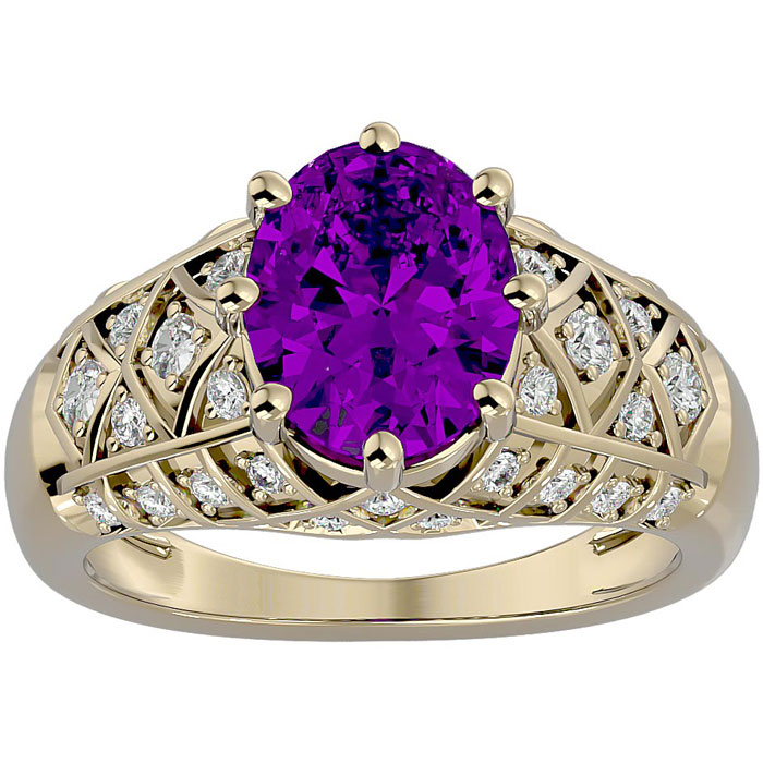 2 3/4 Carat Oval Shape Amethyst & 38 Diamond Ring in Yellow Gold (4.50 g), , Size 4 by SuperJeweler