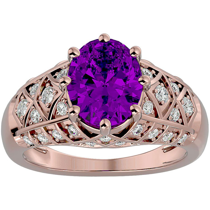 2 3/4 Carat Oval Shape Amethyst & 38 Diamond Ring in Rose Gold (4.50 g), , Size 4 by SuperJeweler