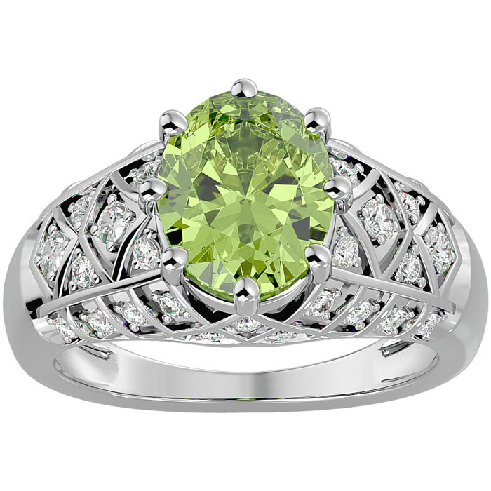 3 Carat Oval Shape Peridot & 38 Diamond Ring in White Gold (4.50 g), , Size 4 by SuperJeweler