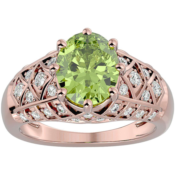 3 Carat Oval Shape Peridot & 38 Diamond Ring in Rose Gold (4.50 g), , Size 4 by SuperJeweler