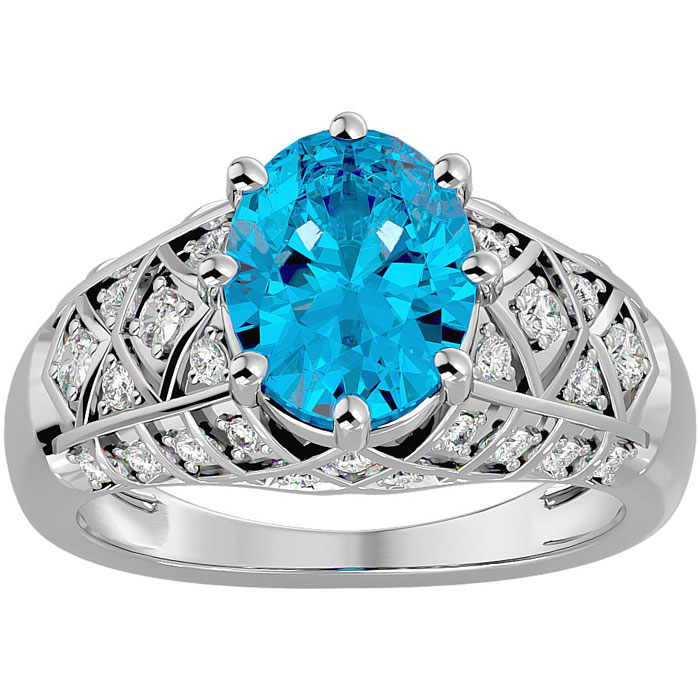 3 1/2 Carat Oval Shape Blue Topaz & 38 Diamond Ring in White Gold (4.50 g), , Size 4 by SuperJeweler