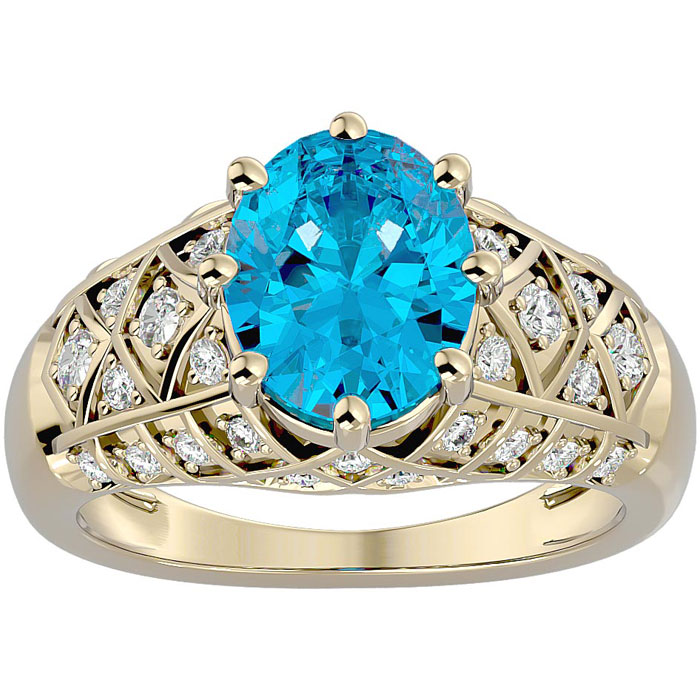 3 1/2 Carat Oval Shape Blue Topaz & 38 Diamond Ring in Yellow Gold (4.50 g), , Size 4 by SuperJeweler