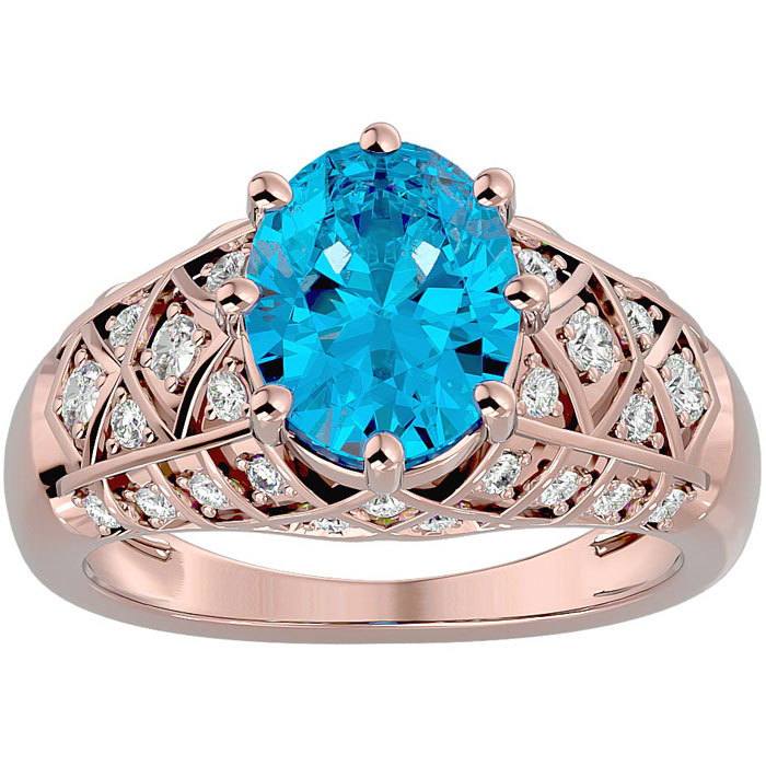 3 1/2 Carat Oval Shape Blue Topaz & 38 Diamond Ring in Rose Gold (4.50 g), , Size 4 by SuperJeweler