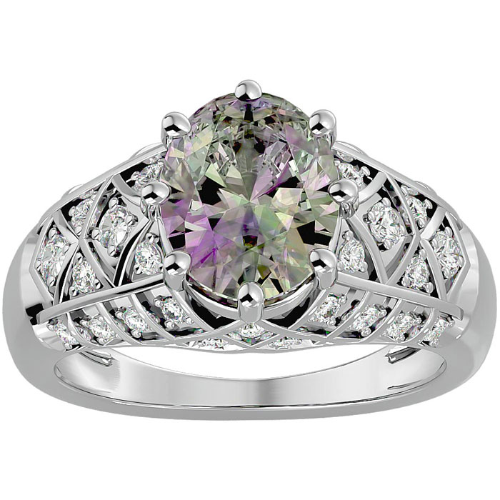 2 3/4 Carat Oval Shape Mystic Topaz & 38 Diamond Ring in White Gold (4.50 g), , Size 4 by SuperJeweler