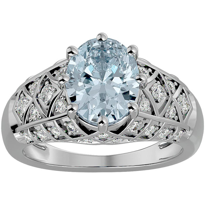 2.5 Carat Oval Shape Aquamarine & 38 Diamond Ring in White Gold (4.50 g), , Size 4 by SuperJeweler