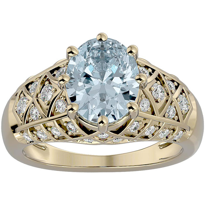 2.5 Carat Oval Shape Aquamarine & 38 Diamond Ring in Yellow Gold (4.50 g), , Size 4 by SuperJeweler