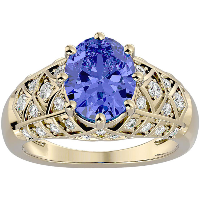 2 3/4 Carat Oval Shape Tanzanite & 38 Diamond Ring in Yellow Gold (4.50 g), , Size 4 by SuperJeweler